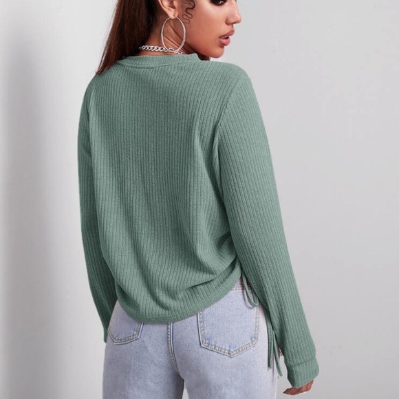 Mint Ribbed Knit Drawstring Sides Top - Picture 2 of 7